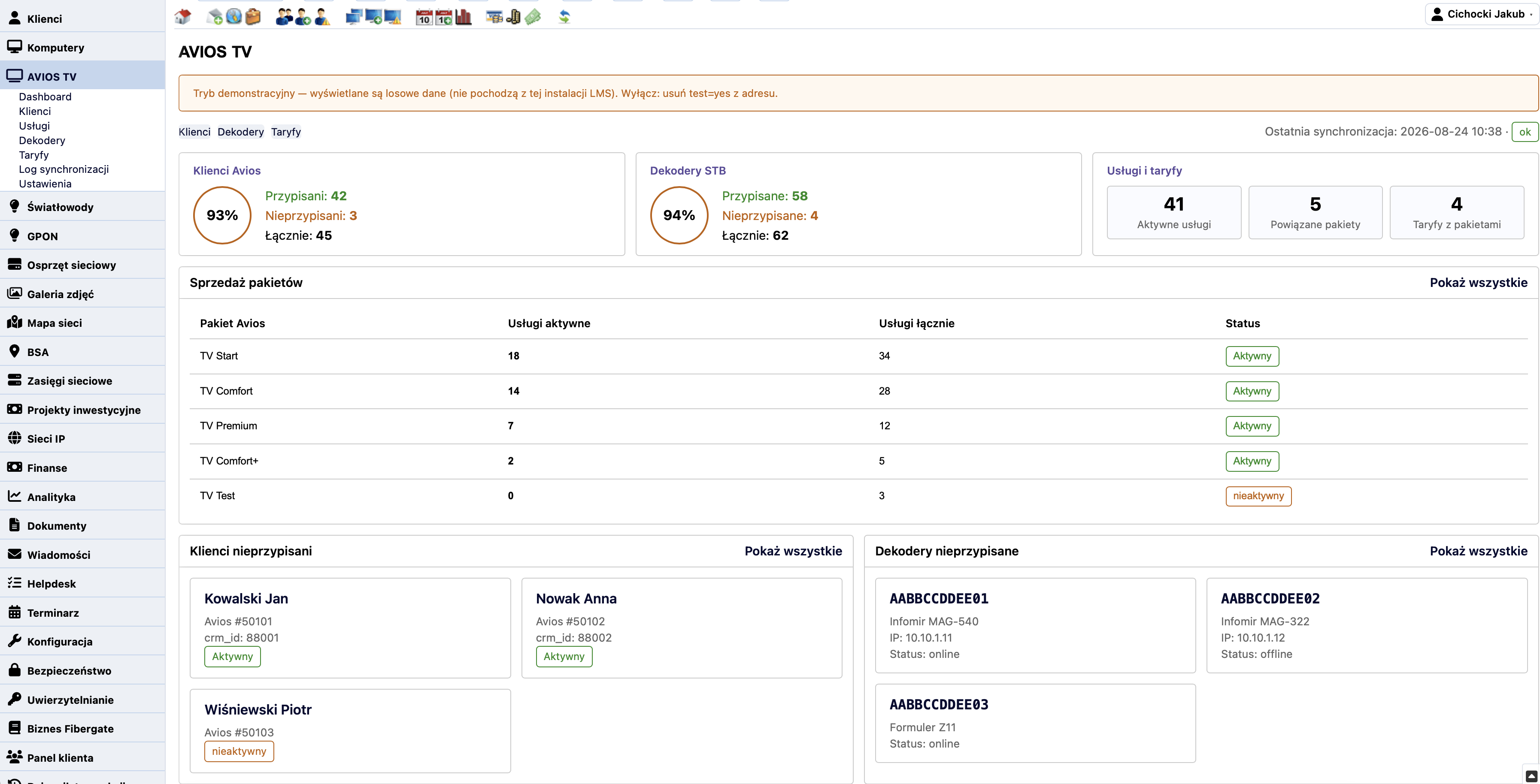 Dashboard LMS Avios TV ze wskaźnikami powiązań i statusem synchronizacji