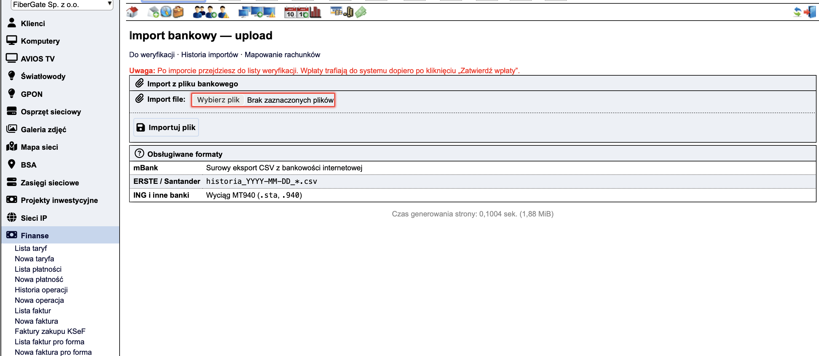 LMS import wyciągów bankowych — ekran uploadu z formatami CSV i MT940