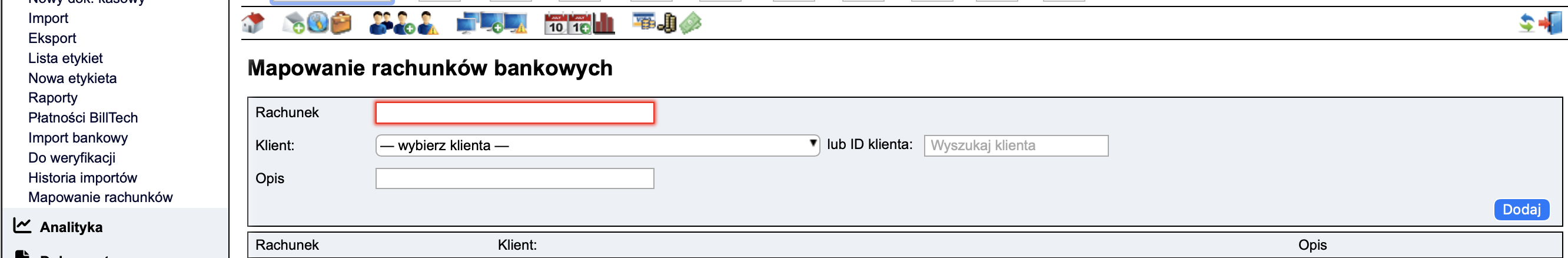 Mapowanie rachunku bankowego do klienta LMS
