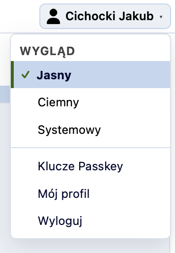 LMS Modern UI — menu profilu z przełącznikiem motywu