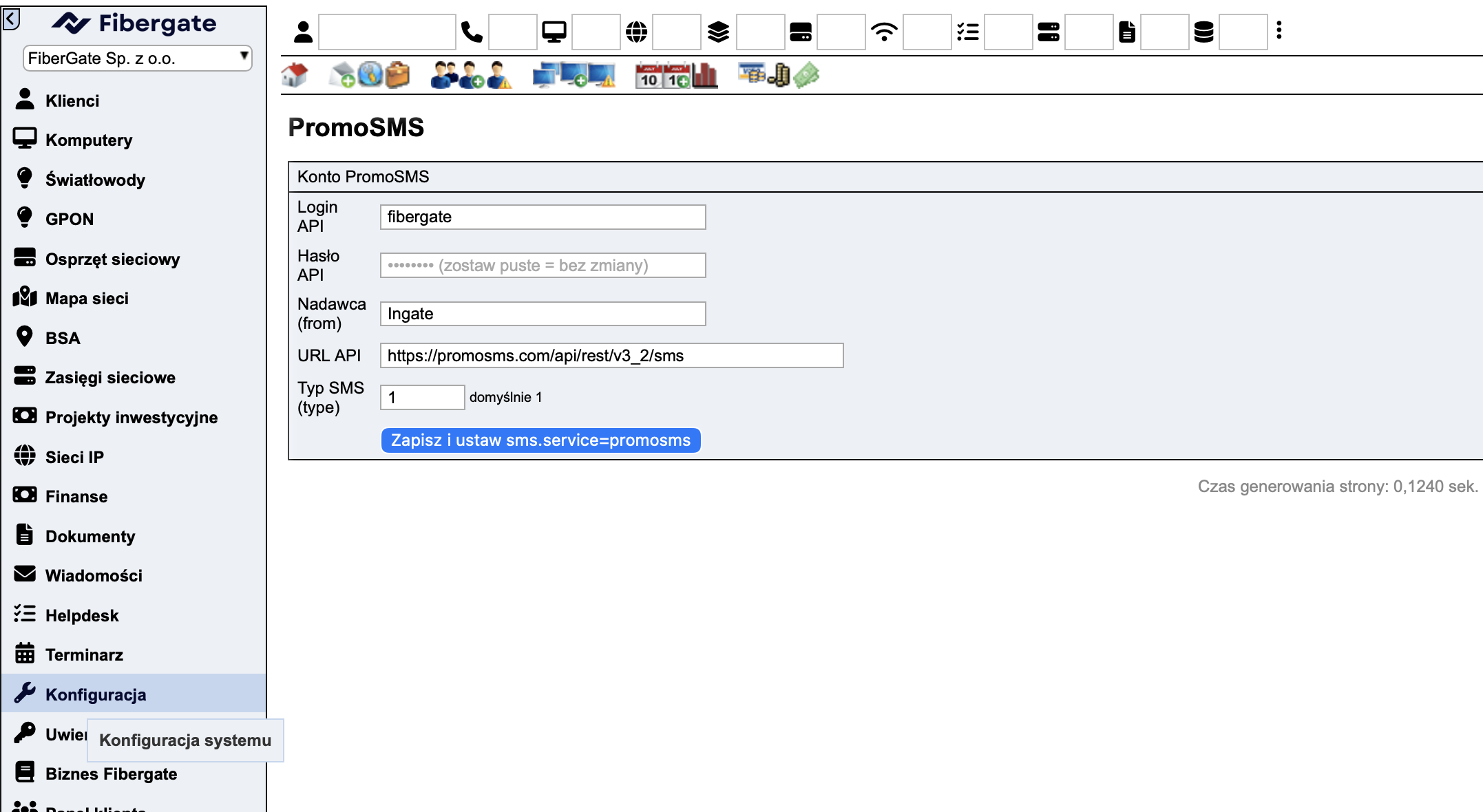 Ekran konfiguracji wtyczki LMSPromoSMS w LMS: login API, hasło, nadawca, URL API, typ SMS