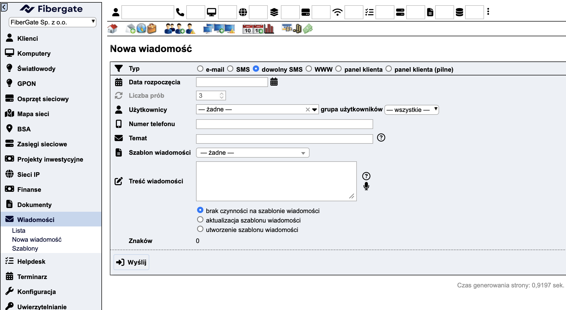 Moduł Wiadomości w LMS: formularz nowej wiadomości z wybranym typem SMS