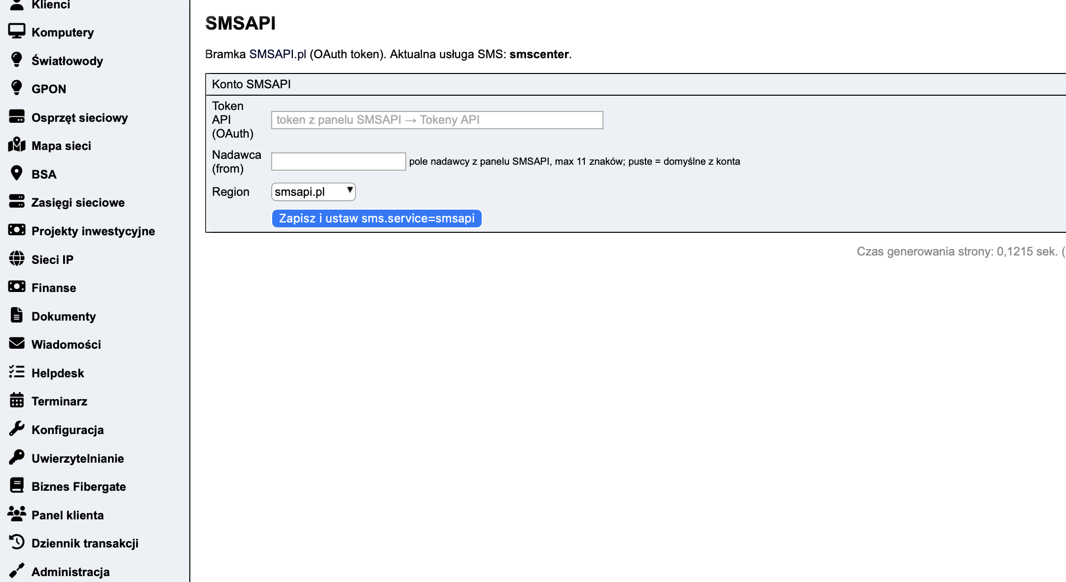 Ekran konfiguracji wtyczki LMSSMSAPI w LMS: token API OAuth, nadawca, region smsapi.pl