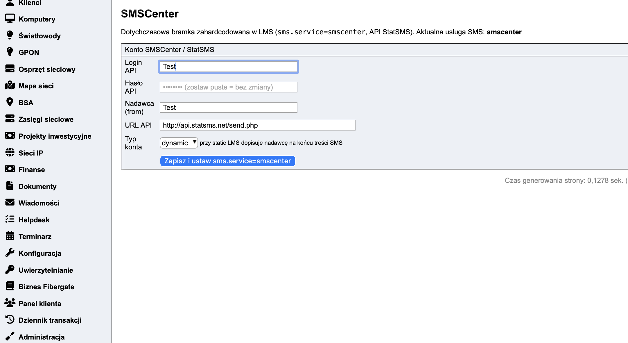 Ekran konfiguracji wtyczki LMSSMSCenter w LMS: login API, hasło, nadawca, URL API, typ konta