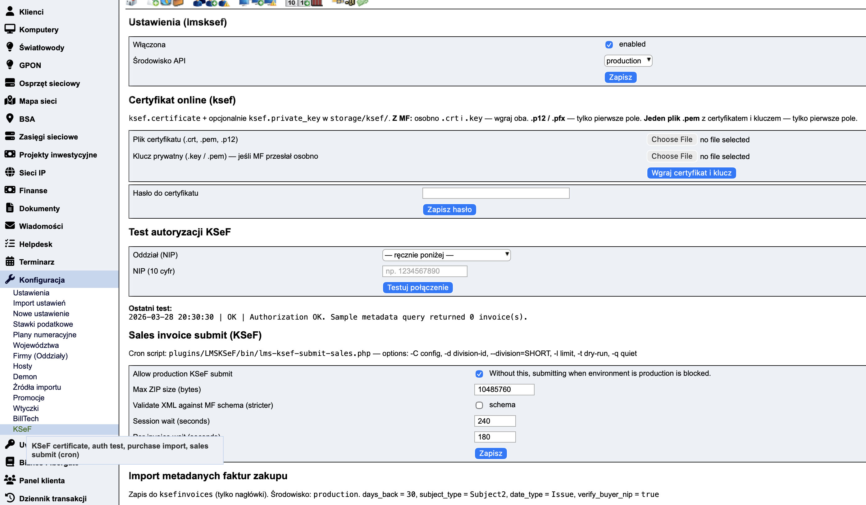 Ekran konfiguracji wtyczki LMSKSeF w LMS: ustawienia KSeF, certyfikat, test autoryzacji, wysyłka sprzedaży, import zakupów